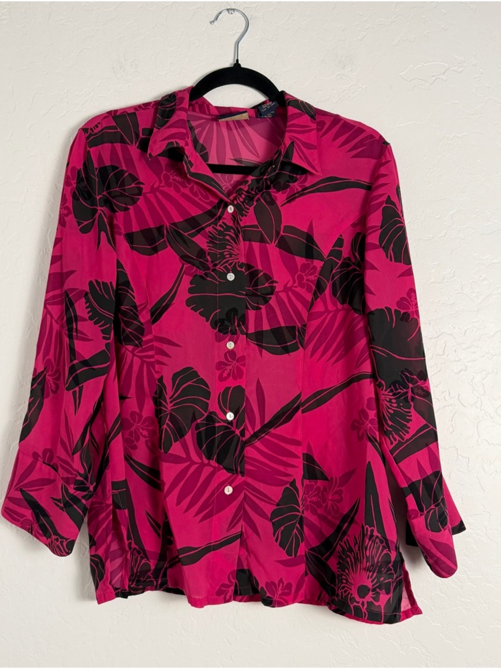 Laura Scott Paisley Fuchsia Sz 14 Button-Down Shirt Black Floral Office Wear